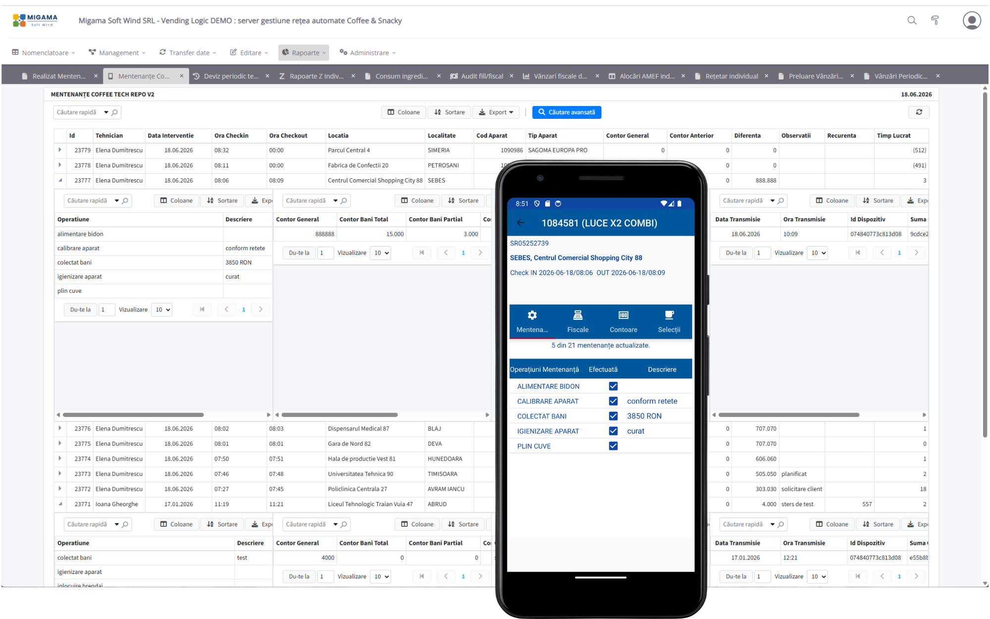 VendingLogic — mentenanțele raportate din TechRepo (telefon Android) se regăsesc în grila din VendingManager (server)